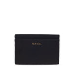 Paul Smith Signature Stripe leather card case, black with logo stamp and card slots, showcasing elegant design and quality leather.