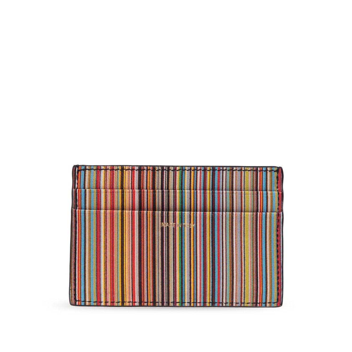 Paul Smith Signature Stripe leather card case with black card slots and logo stamp on front, featuring multi-colored stripes.