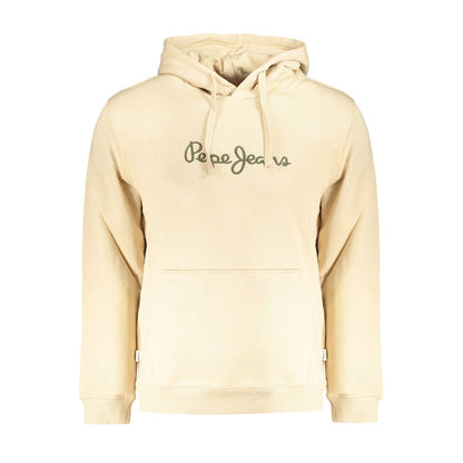 Pepe Jeans Beige Cotton Men Sweater, organic hoodie with logo embroidery, cozy long sleeve urban style fashion.
