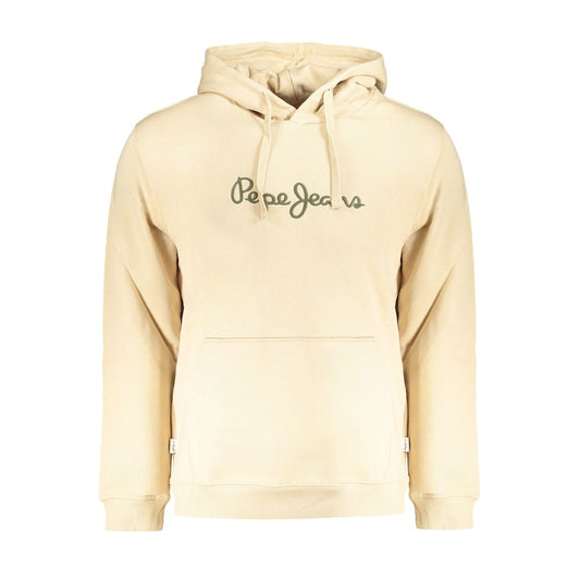 Pepe Jeans Beige Cotton Men Sweater with embroidered logo, 100% organic cotton hoodie for urban style and comfort.