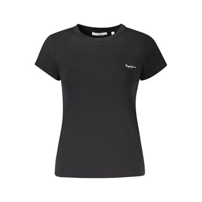 Pepe Jeans Black Cotton Women T-Shirt featuring embroidered logo, crafted for sustainability and style.