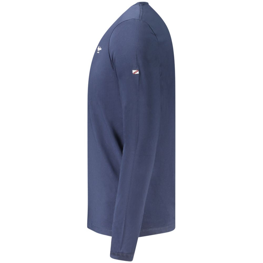 Side view of Pepe Jeans Blue Cotton T-Shirt, long sleeve, slim fit, crew neck, sustainable cotton with logo print.
