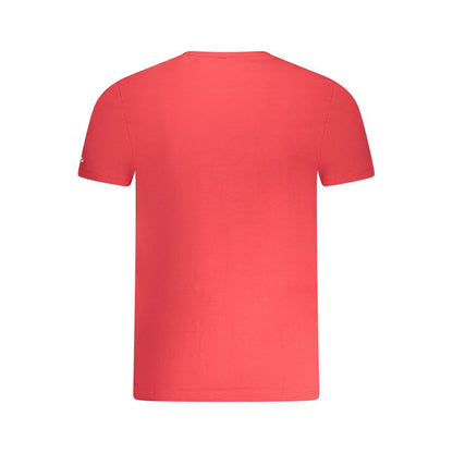 Back view of Pepe Jeans Red Cotton Men T-Shirt showcasing slim-fit design and vibrant color.