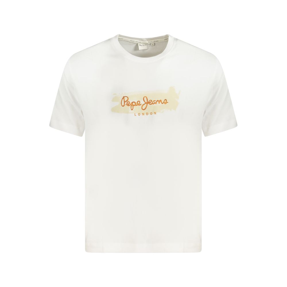 Pepe Jeans White Cotton T-Shirt with short sleeves, crew neck, and logo print made from 100% sustainable cotton