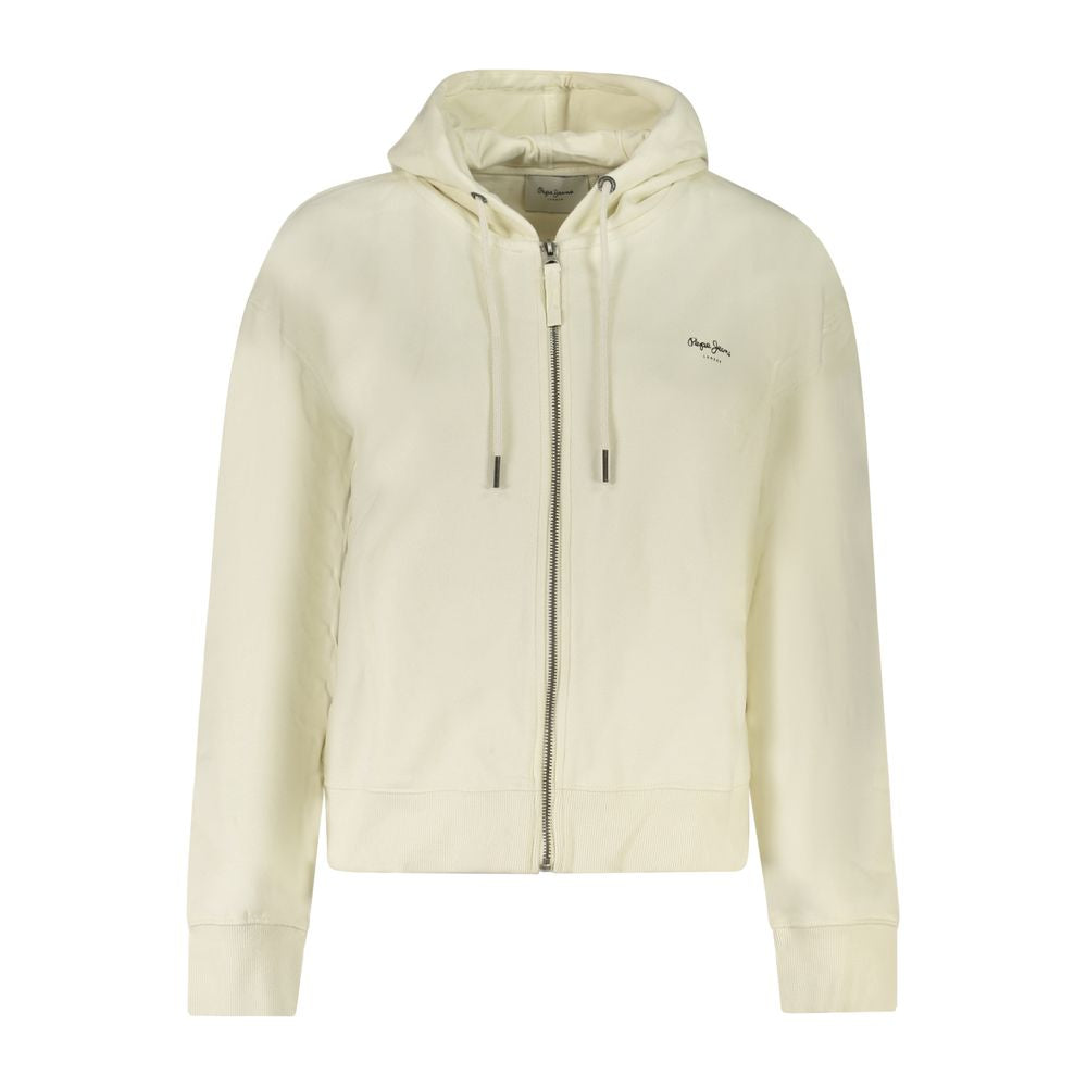 Pepe Jeans White Cotton Women Hoodie with zip-up design and Pepe Jeans logo, perfect for casual and chic off-duty days.