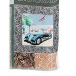 Pierre Louis Mascia silk printed scarf with pale green paisley pattern, fringed edges, featuring a vintage car and plane design.
