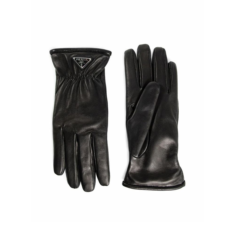 Prada Black Lamb Leather Gloves with cashmere lining and enamel logo, men's luxury gloves, made in Italy.