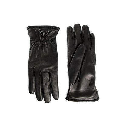 Prada Black Lamb Leather Gloves with cashmere lining and enamel logo, men's luxury gloves, made in Italy.
