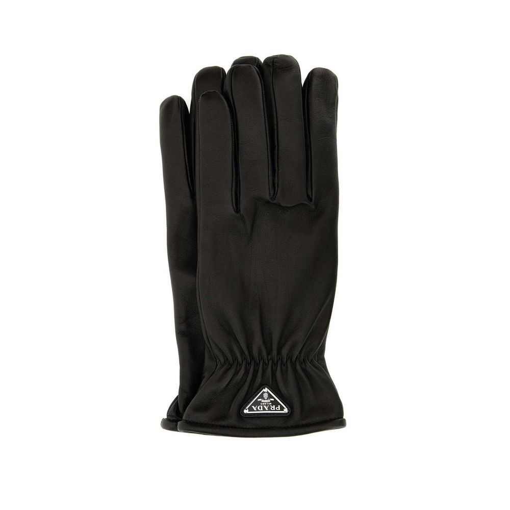 Prada Black Lamb Leather Gloves, men's luxury gloves with cashmere lining and enamel logo, featuring elasticated wrist, made in Italy.