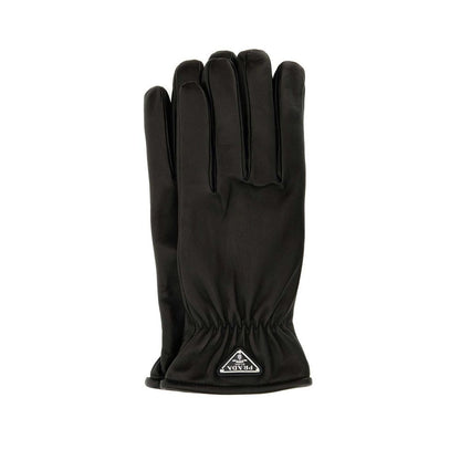 Prada Black Lamb Leather Gloves, men's luxury gloves with cashmere lining and enamel logo, featuring elasticated wrist, made in Italy.