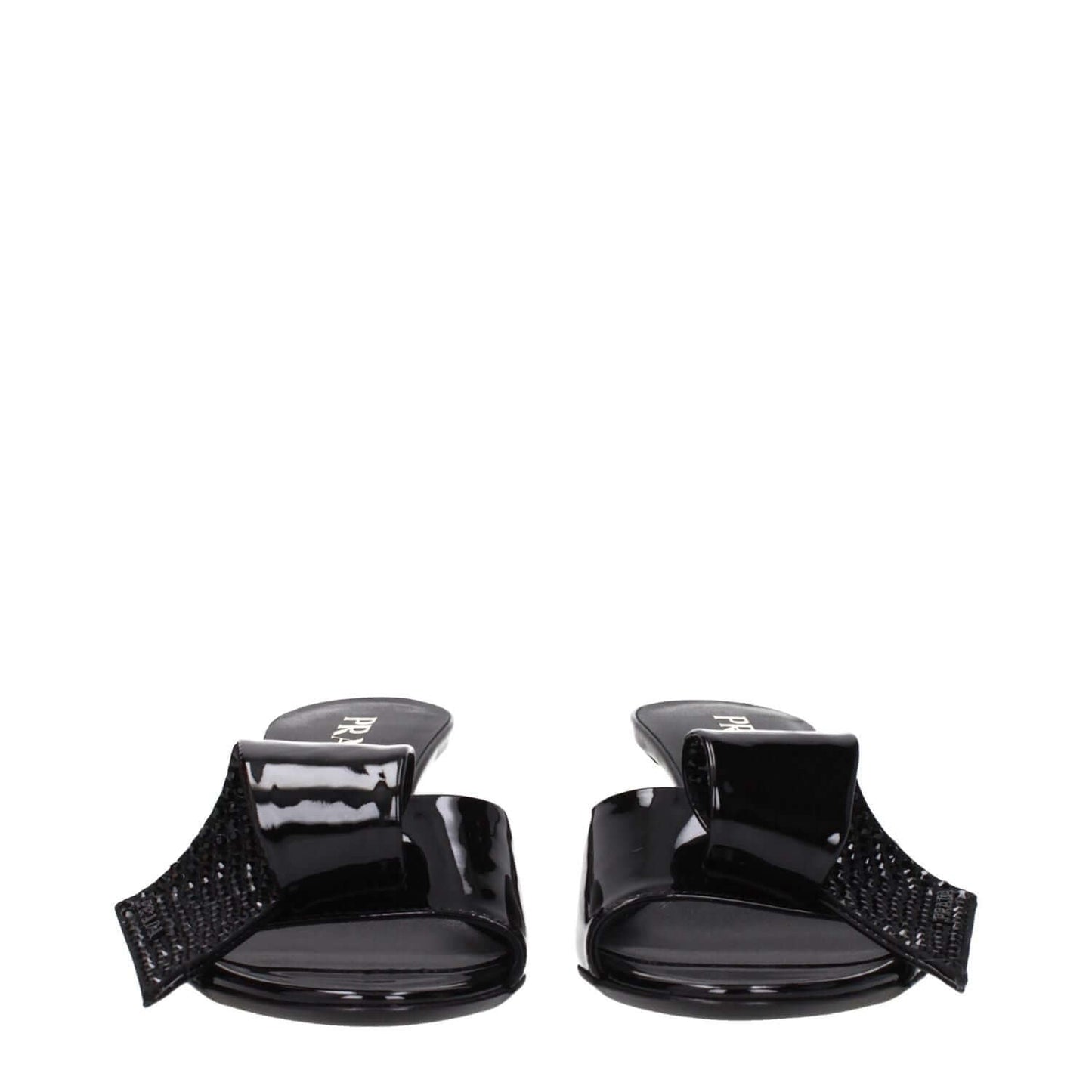 Prada Black Leather Sandals with open toe and mid heels, patent leather finish, featuring front detail, casual style - casual elegance