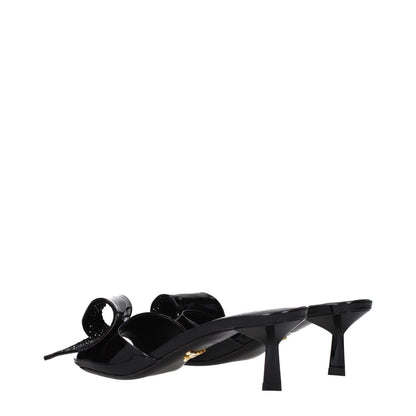 Prada Black Leather Sandals with open toe, mid heels and leather sole, stylish casual footwear for a chic look.