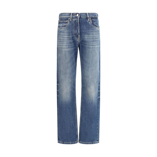 Prada Blue Cotton Straight-Leg Jeans with five-pocket design and logo patch on back, featuring regular fit and front zip closure for AW25.