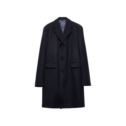 Prada Blue Wool Coat for men, single-breasted with straight hem, two side flap pockets, and back vent, featuring classic reverse.