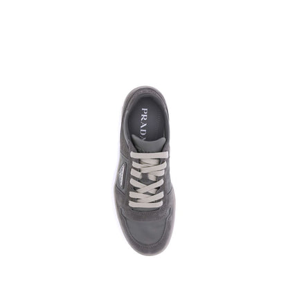 Top view of Prada Gray Calf Leather Bos Taurus Low Top Sneakers with suede texture and lace-up closure.