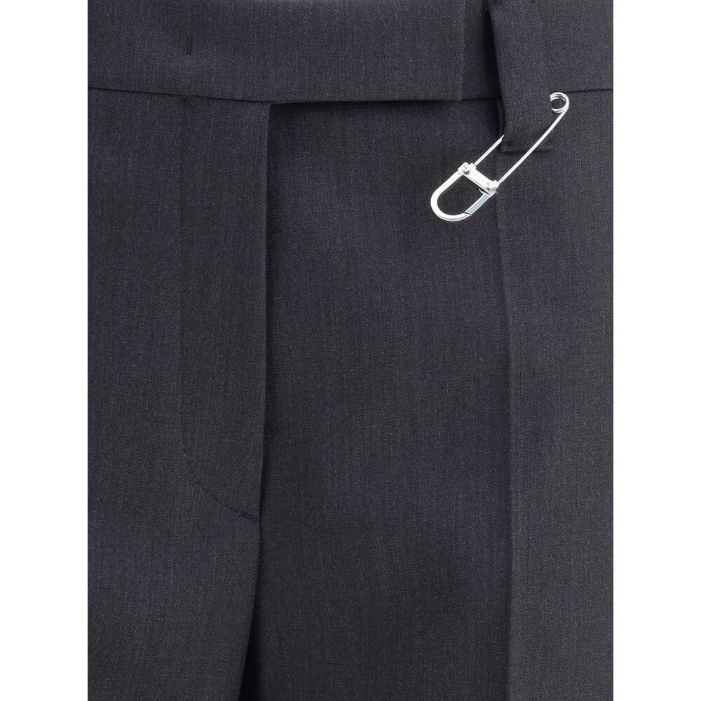 Close-up of Prada Gray Fleece Wool Dress Pants with safety pin detail, showcasing high waist and elegant design.