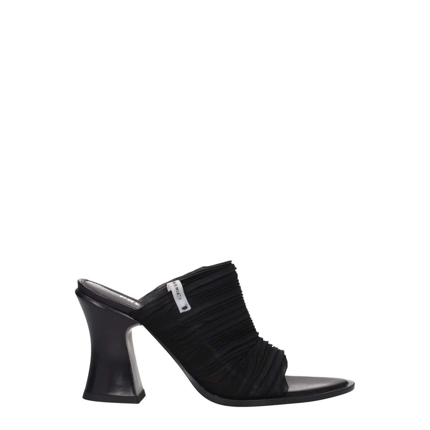 Premiata Black Fabric Platform Sandals with open toe and high heel, featuring a side logo and leather sole, designed for casual style.