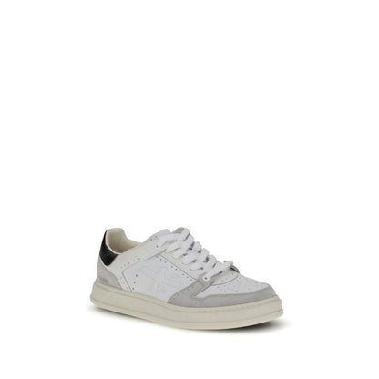 Premiata White Calf Leather Bos Taurus Low Top Sneakers with perforated toe and embossed logo detailing on flat rubber sole.