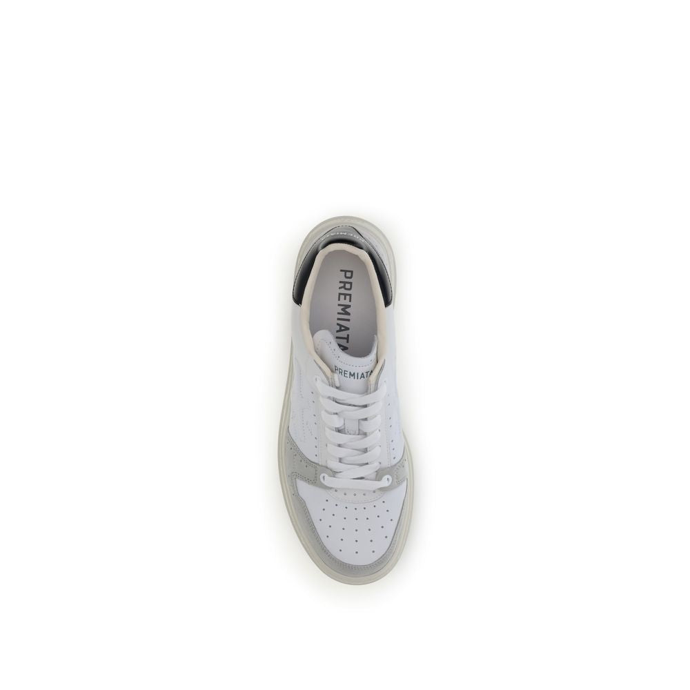 Top view of Premiata White Calf Leather Bos Taurus Low Top Sneakers with perforated toe and lace-up closure.