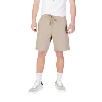 Replay Beige Cotton Bermuda Shorts with elastic waistband and drawstring for men