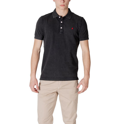 Model wearing Replay Black Cotton Polo Shirt with ribbed collar and embroidered logo, made from soft, high-quality cotton.