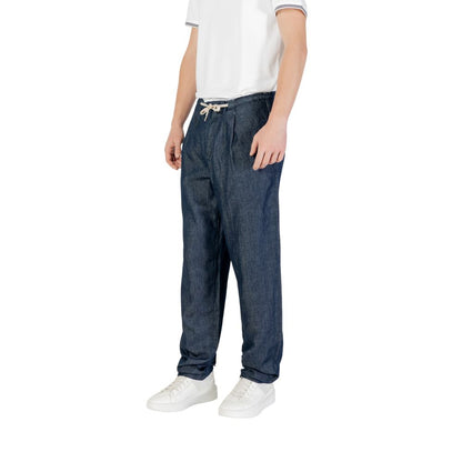 Model wearing Replay Blue Cotton Casual Pants with drawstring waist, perfect for stylish and comfortable wear.