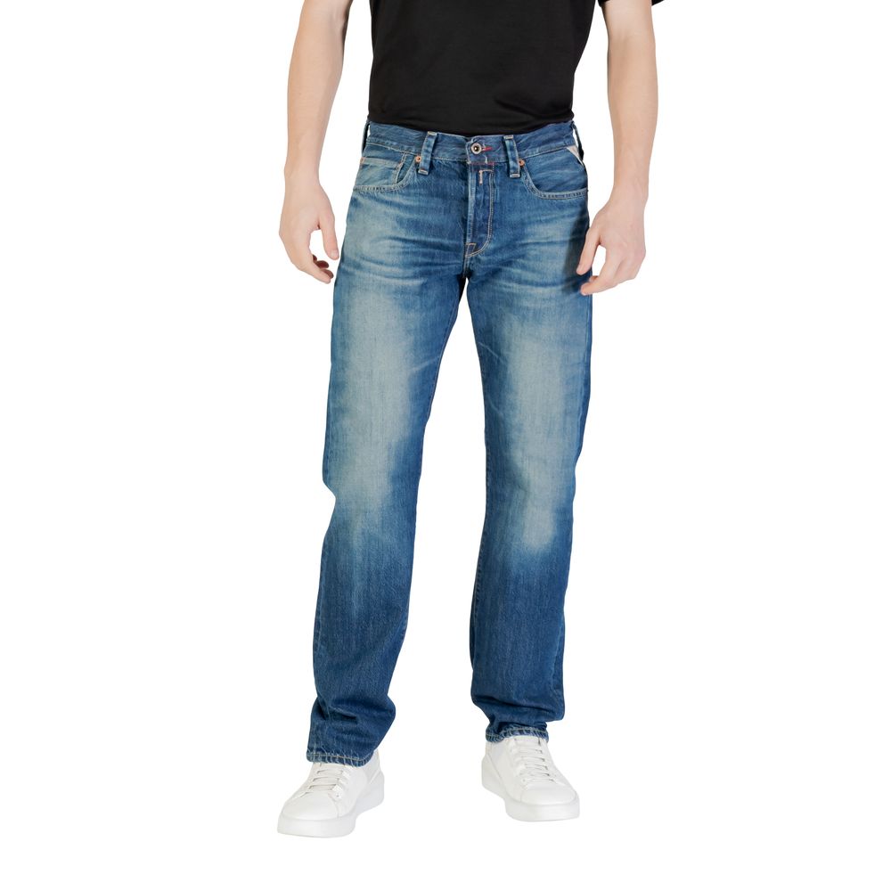 Replay Blue Cotton Relaxed Fit Jeans, men's 100% cotton regular fit, versatile casual to elegant style, shown full front view.