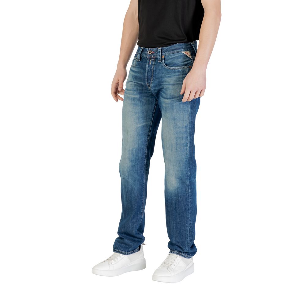 Model wearing Replay Blue Cotton Relaxed Fit Jeans, showcasing a classic and versatile style for everyday comfort and fashion.