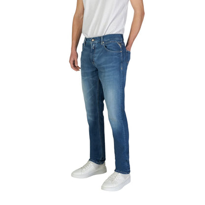 Replay Blue Cotton Slim Fit Jeans, men's tapered design offering comfort and style with five-pocket layout, crafted from cotton and elastane.