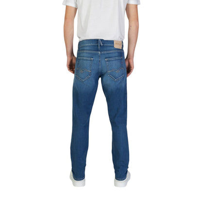 Rear view of Replay Blue Cotton Slim Fit Jeans showcasing tapered fit and classic design, made from cotton and elastane.