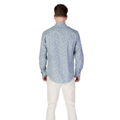 Rear view of man wearing Replay Light Blue Cotton Pattern Shirt with floral design, classic collar, and button-down style.