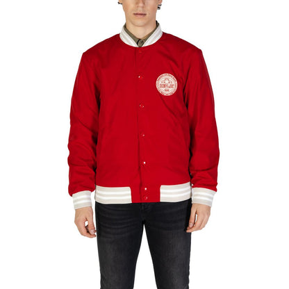 Man wearing Replay Red Cotton Bomber jacket with embroidered chest patch and snap-button closure.