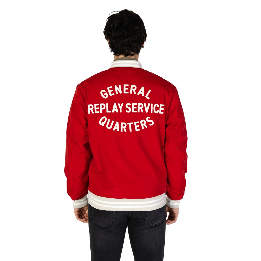 Back view of Replay Red Cotton Bomber jacket with General Replay Service Quarters text, showcasing varsity style design.