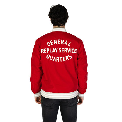 Back view of Replay Red Cotton Bomber jacket with General Replay Service Quarters text, showcasing varsity style design.