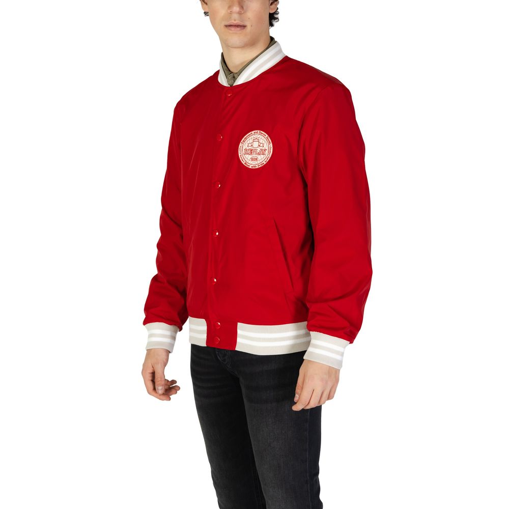 Man wearing Replay Red Cotton Bomber jacket with embroidered patch and snap-button closure, showcasing sporty style.