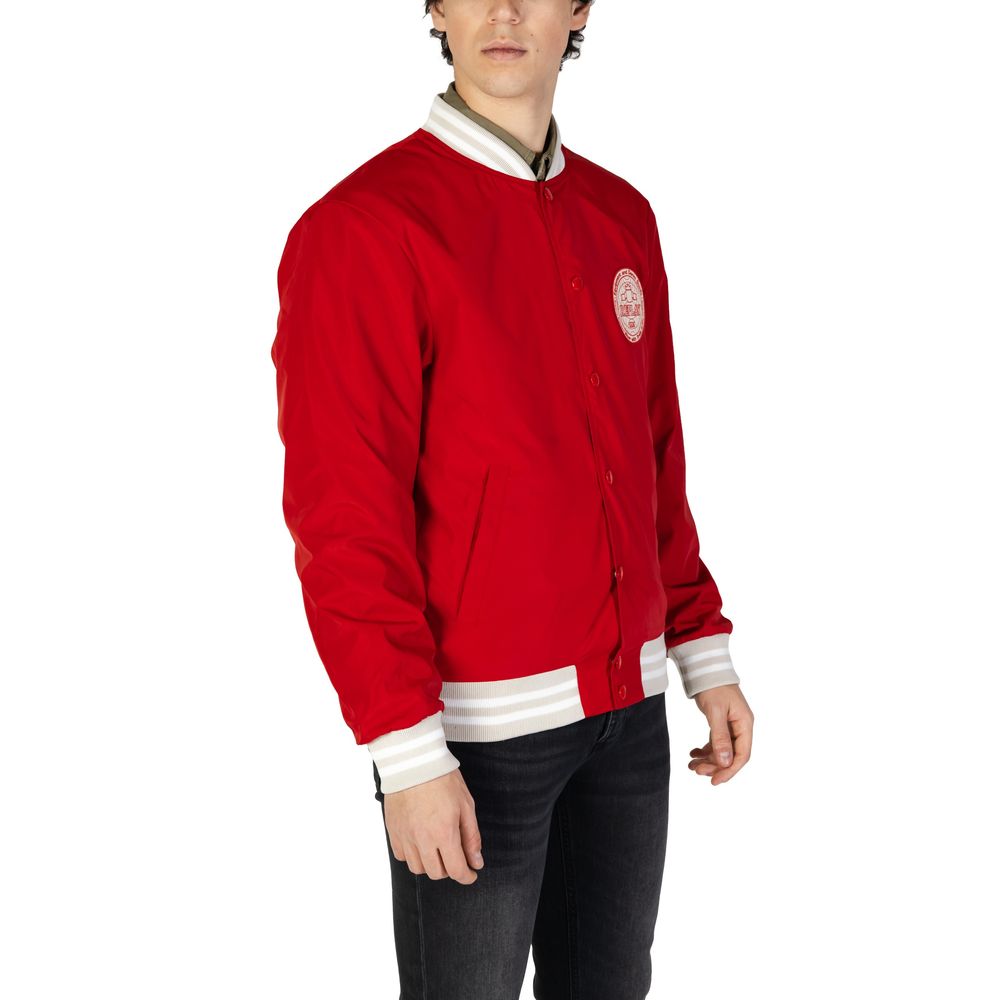 Man wearing Replay Red Cotton Bomber jacket with snap-button front and embroidered chest patch, 100% cotton lining, polyester exterior.