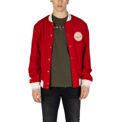 Model wearing Replay Red Cotton Bomber with snap-button closure and varsity-style design.