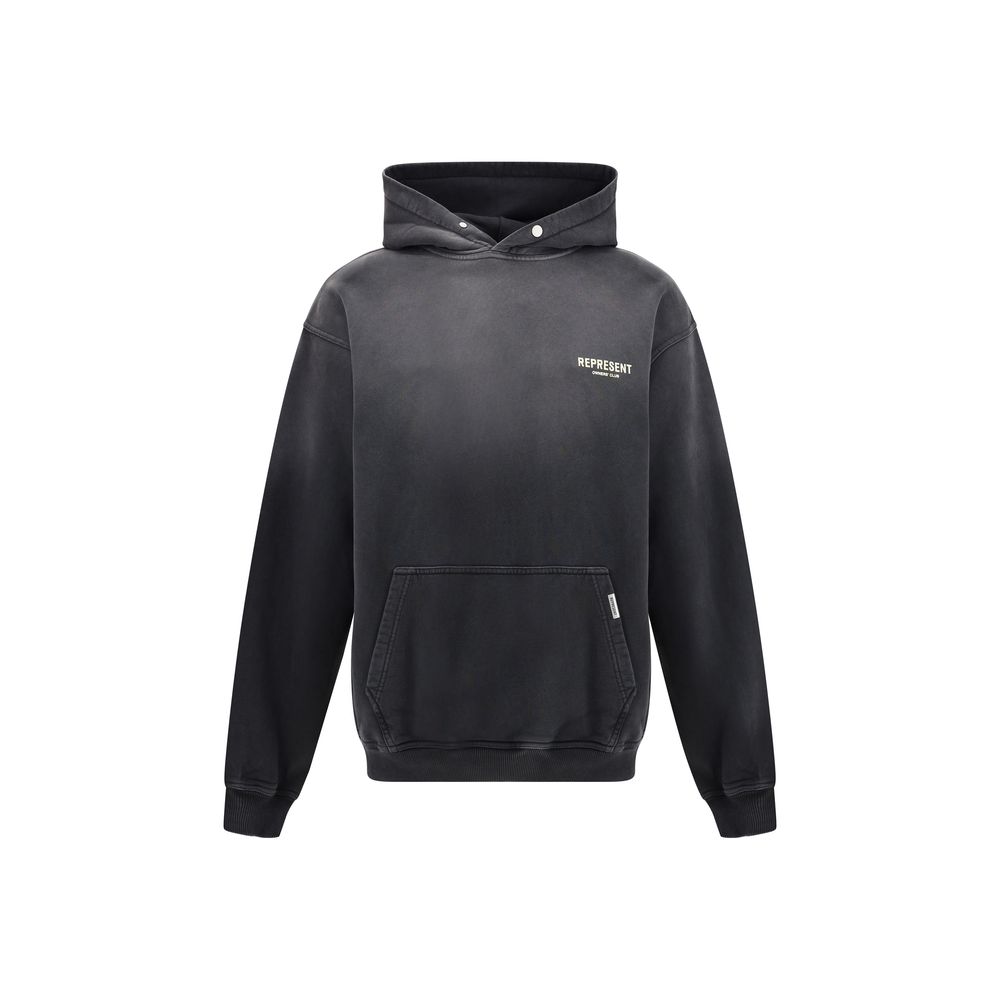 Represent Black Cotton Sweatshirt with adjustable hood and kangaroo pocket, featuring ribbed cuffs for a snug fit and iconic monogram design.