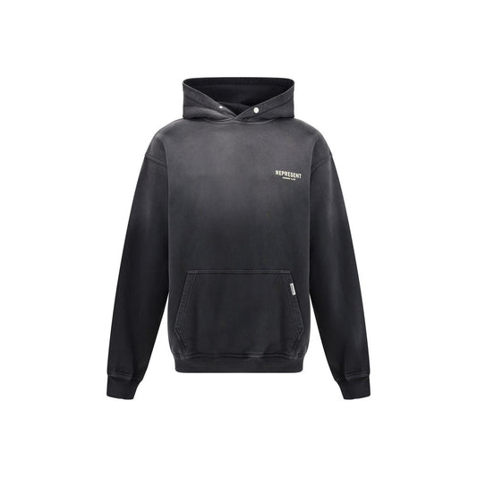 Represent Black Cotton Sweatshirt with adjustable hood and kangaroo pocket, featuring ribbed cuffs for a snug fit and iconic monogram design.