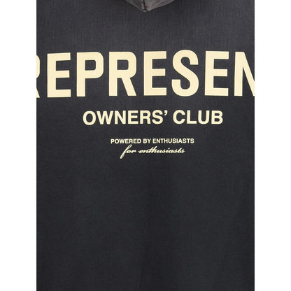Close-up of Represent Black Cotton Sweatshirt with "Owners' Club" print on front.