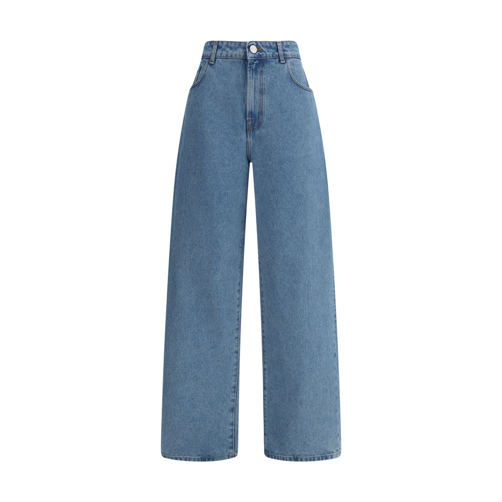 Rohe Blue Cotton Relaxed Fit Jeans with baggy cut and five-pocket design, front zip and button closure, ideal for a casual refined look.
