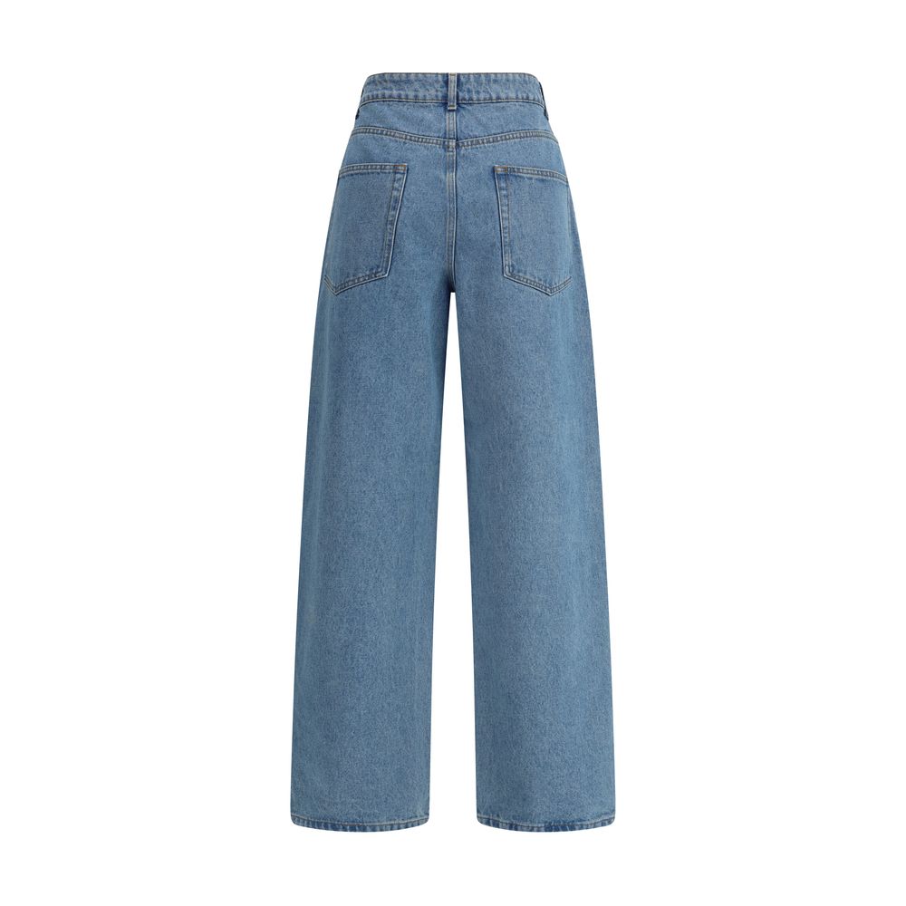 Back view of Rohe Blue Cotton Relaxed Fit Jeans showcasing a baggy cut and classic five-pocket design for a casual refined look.