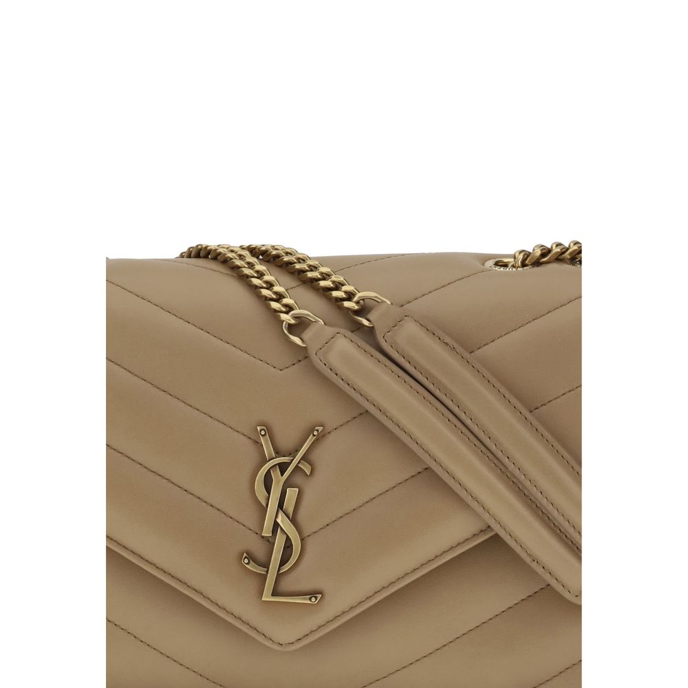 Close-up of Saint Laurent Beige Calf Leather Bos Taurus Shoulder Bag with brass logo and chain strap.