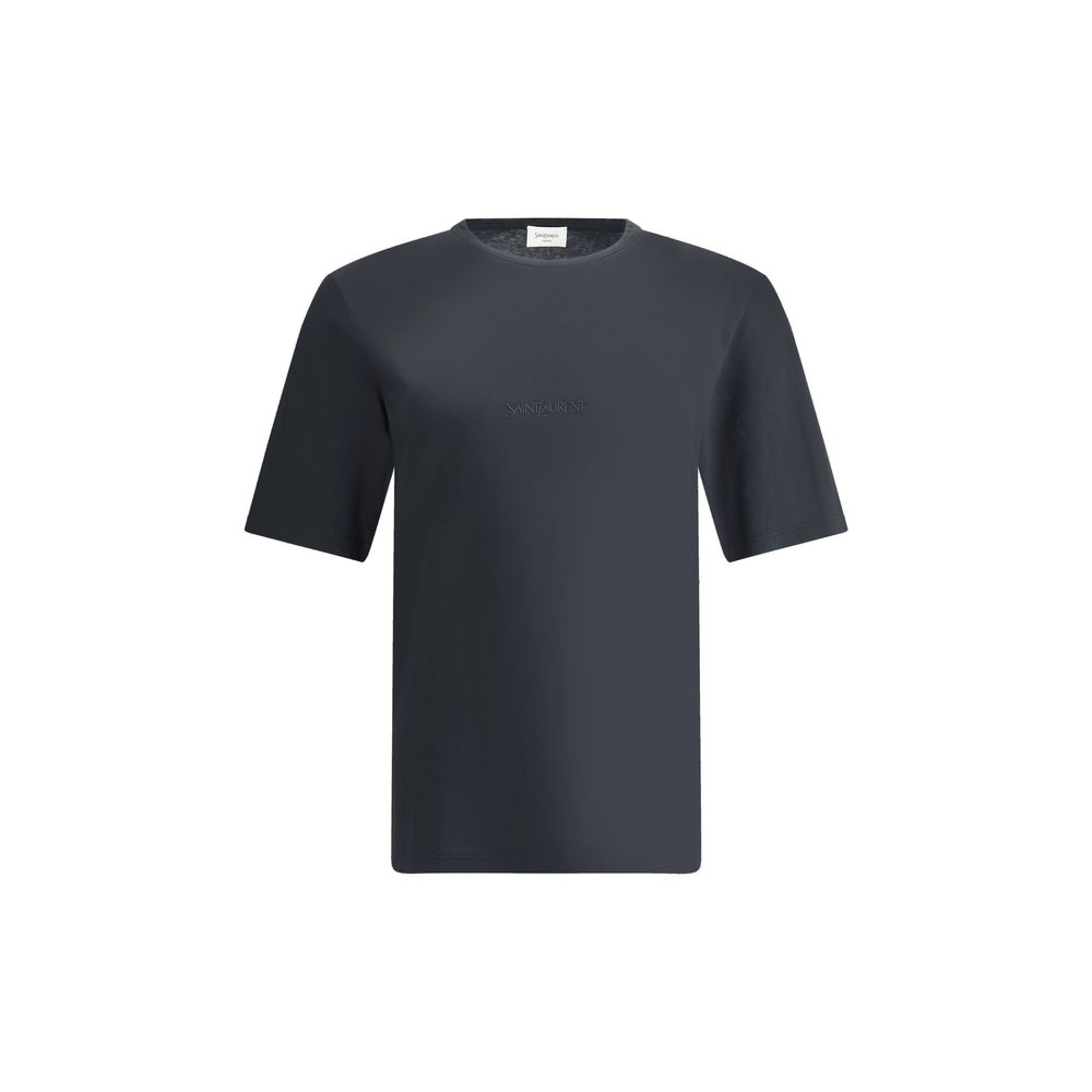 Saint Laurent Black Cotton T-Shirt with ribbed crew neck and embroidered logo, minimalist design for a casual-chic look.