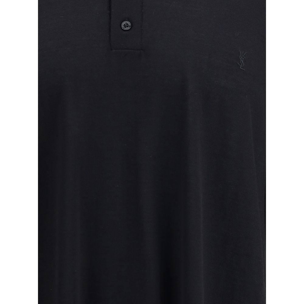 Saint Laurent Black Wool Polo Shirt with ribbed collar and three-button closure, showcasing timeless elegance and refined style.
