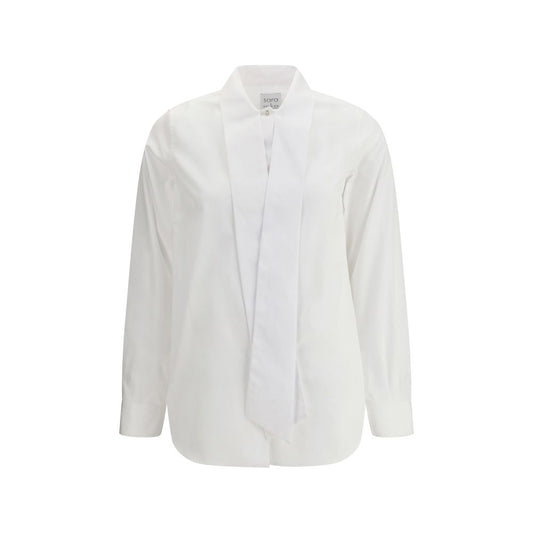 Sara Roka White Cotton Dress Shirt with elegant collar and tie, front button closure, perfect for sophisticated looks.