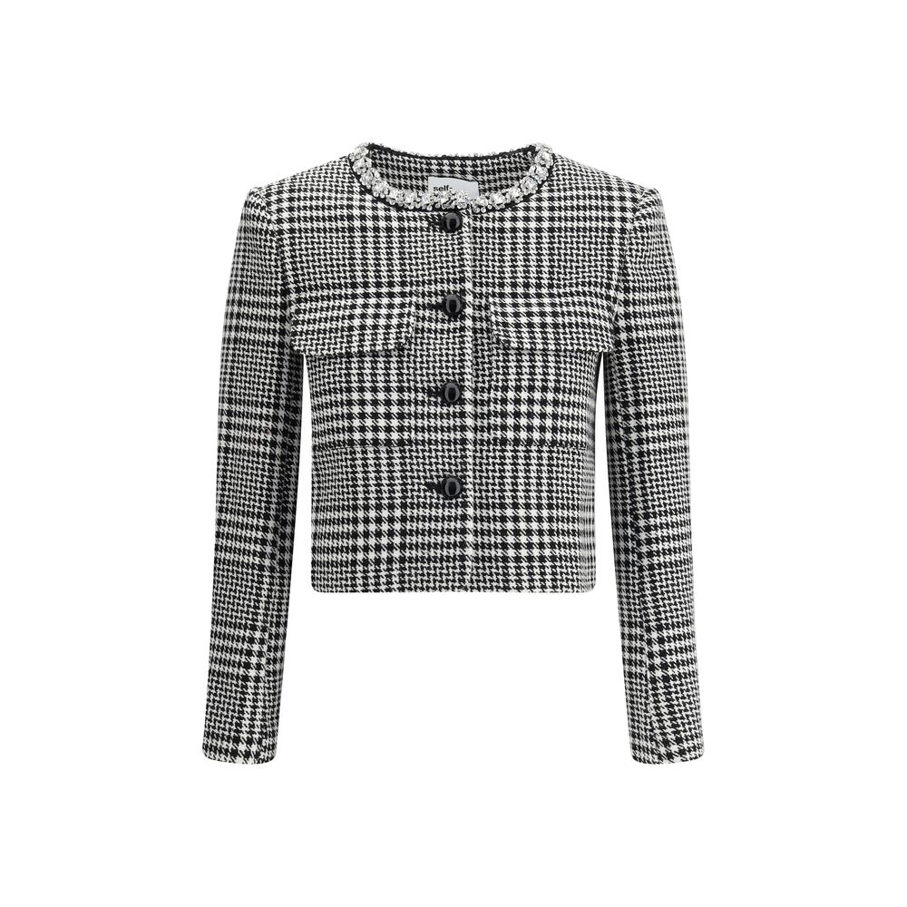 Self-Portrait Check Blazer with rhinestone crew neck and patch pockets, cropped cut, polyester-wool blend, AW25 season, front view.