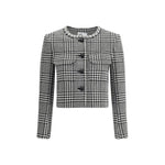 Self-Portrait Check Blazer with rhinestone crew neck and patch pockets, cropped cut, polyester-wool blend, AW25 season, front view.