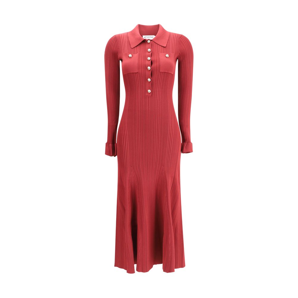 Self-Portrait Red Viscose Casual Dress with ribbed knit; button front; flared sleeves; ruffled cuffs; elegant and versatile design.