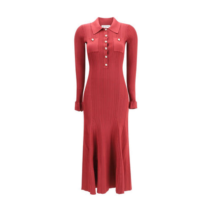 Self-Portrait Red Viscose Casual Dress with ribbed knit; button front; flared sleeves; ruffled cuffs; elegant and versatile design.